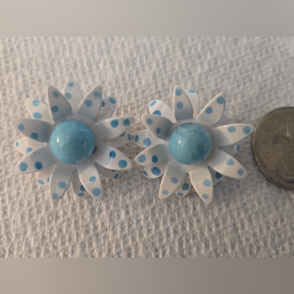 Vintage West German Enamel Polka Dot Clip On Earrings